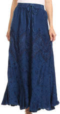 Sakkas Evelyn Womens Stonewashed Maxi Ruffle Skirt with Elastic Waist & Embroidery#color_DenimBlue