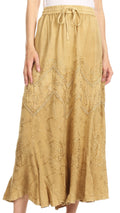 Sakkas Evelyn Womens Stonewashed Maxi Ruffle Skirt with Elastic Waist & Embroidery#color_Khaki