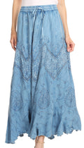 Sakkas Evelyn Womens Stonewashed Maxi Ruffle Skirt with Elastic Waist & Embroidery#color_LightBlueDenim