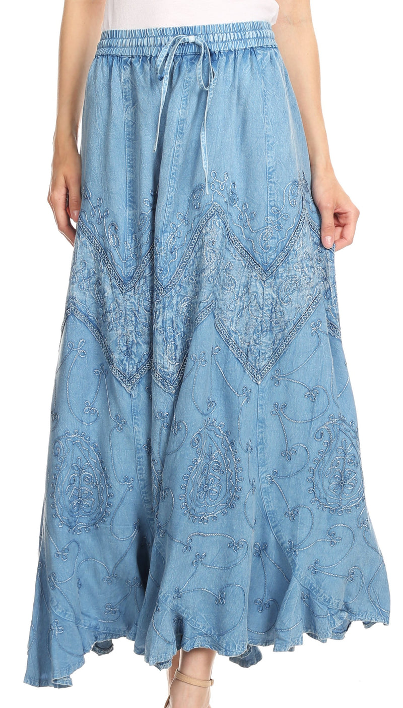 Sakkas Evelyn Womens Stonewashed Maxi Ruffle Skirt with Elastic Waist & Embroidery