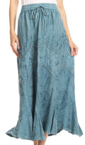 Sakkas Evelyn Womens Stonewashed Maxi Ruffle Skirt with Elastic Waist & Embroidery#color_SteelBlue