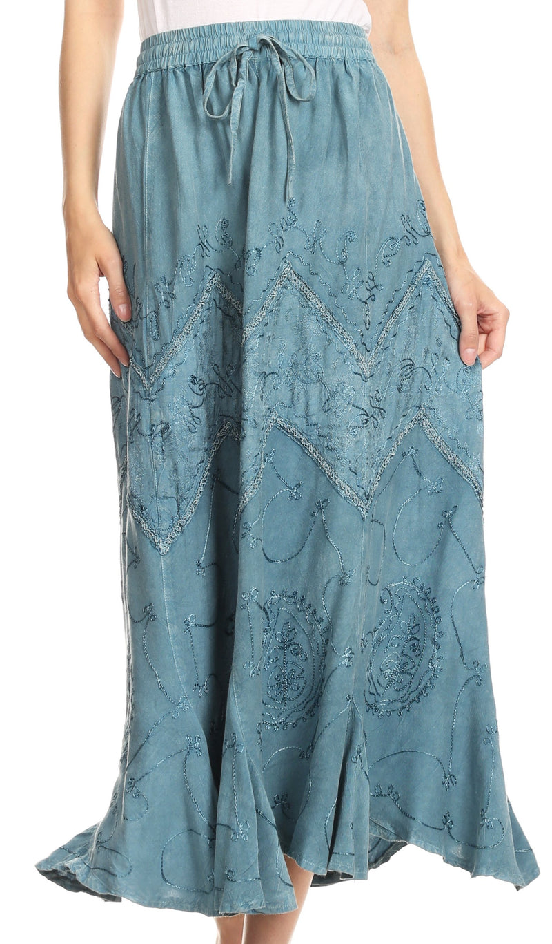 Sakkas Evelyn Womens Stonewashed Maxi Ruffle Skirt with Elastic Waist & Embroidery