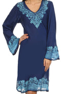 Sakkas Amme Batik Embroidered V-Neck Long Sleeve Blouse / Tunic#color_Navy/Turquoise