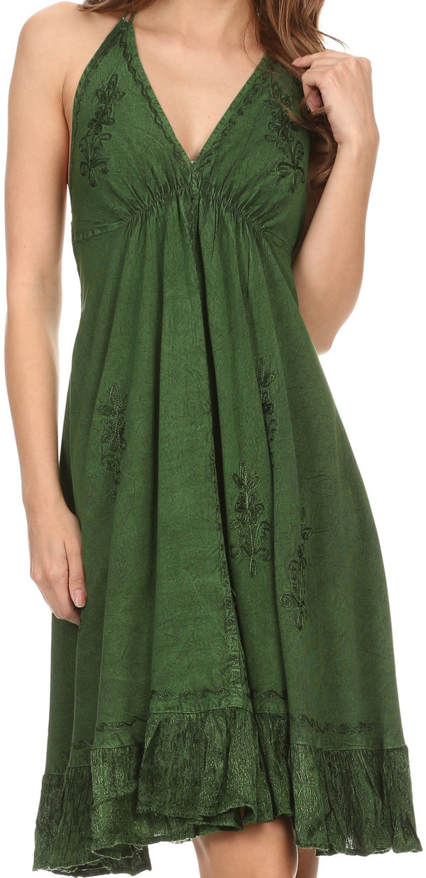 Sakkas Jia Stonewashed Embroidered Handkerchief Hem Halter Dress With Beads#color_DarkGreen