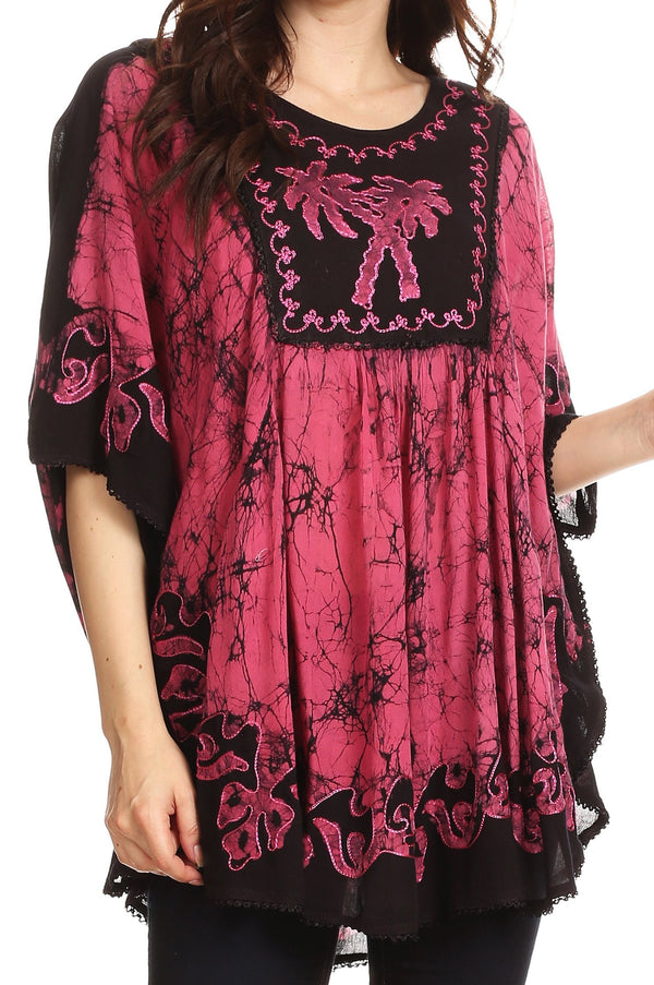 Sakkas Lynda Two Tone Batik Embroidered Palm Tree Peasant Top / Poncho#color_Black/Pink