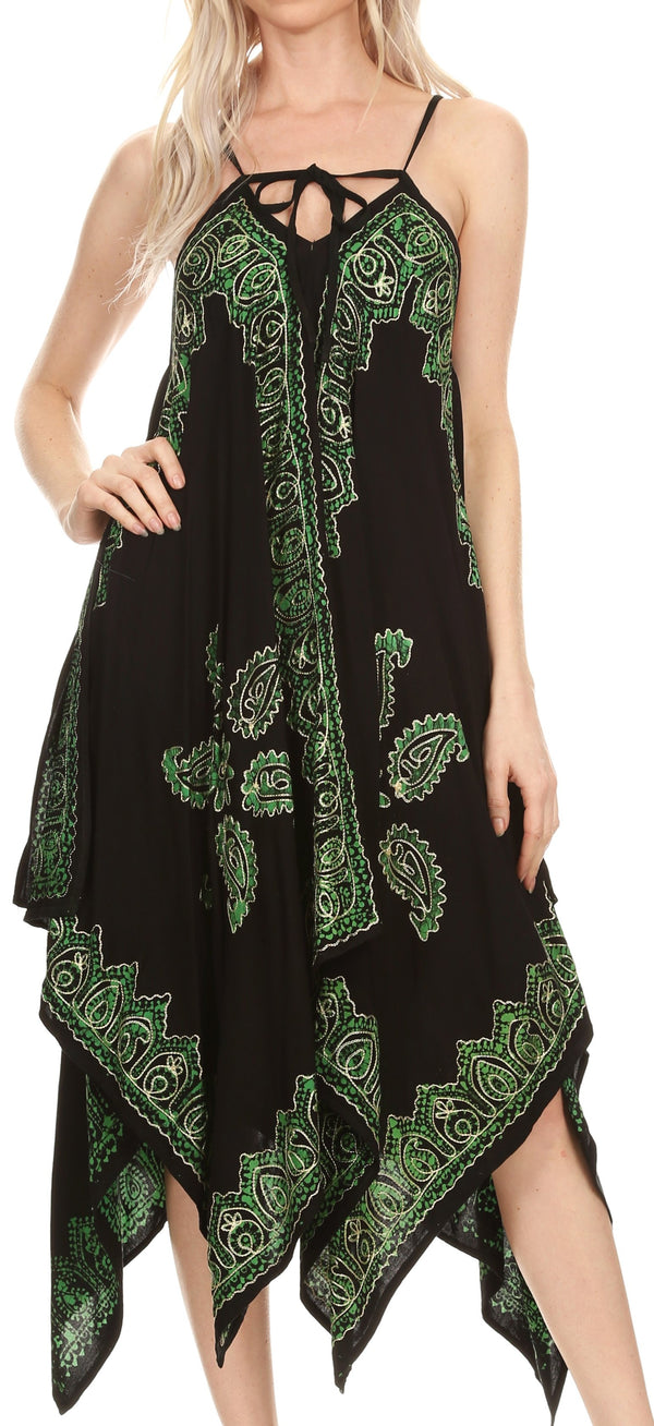 Sakkas Arminat Batik Print Adjustable Strap Embroidered Handkerchief Hem Dress#color_Black/Green