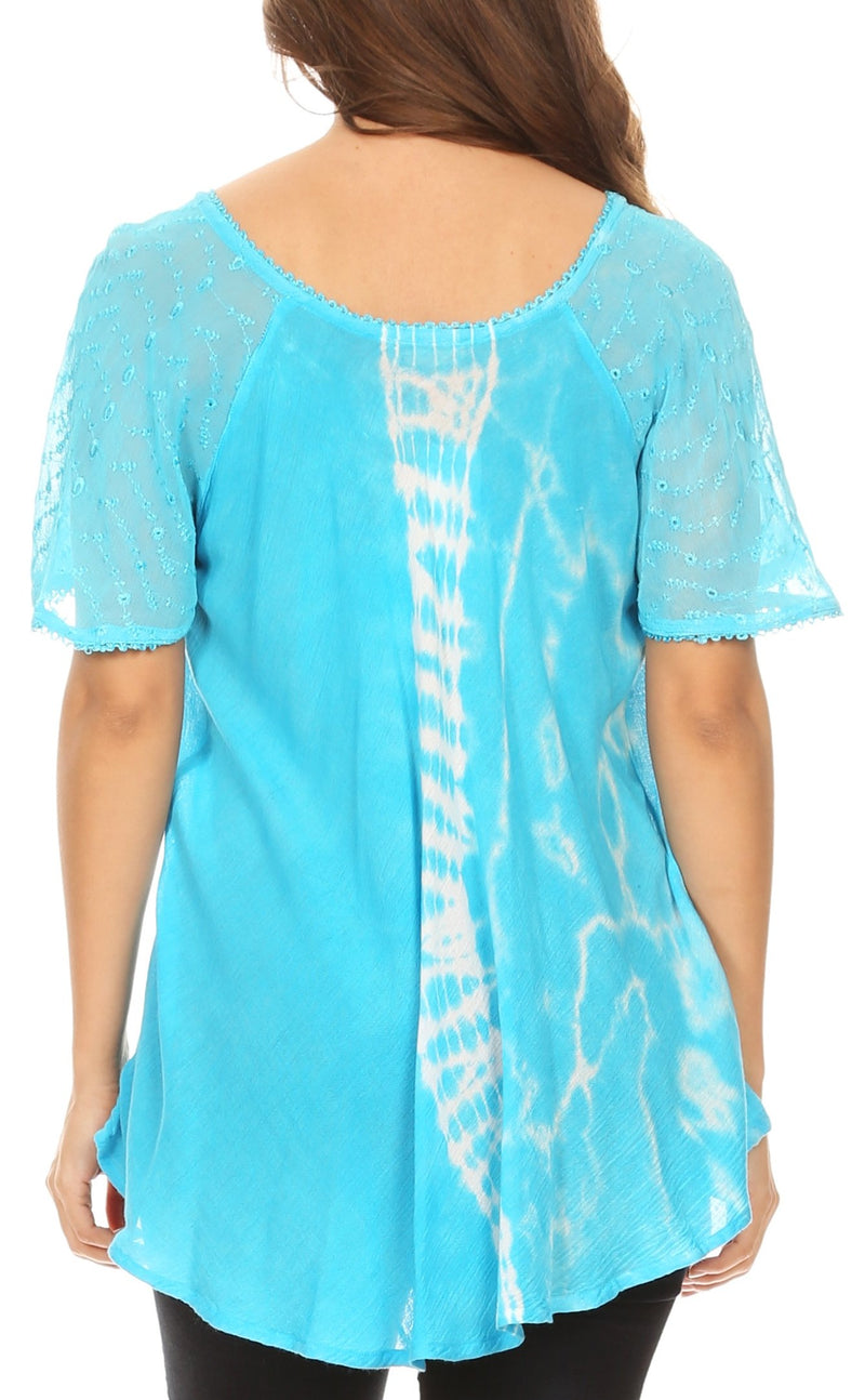 Sakkas Iris Womens Tie-dye Short Sleeve Blouse Top with Corset and Embroidery