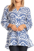 Sakkas Flavia Light Casual Ikat Design Rayon Tunic Blouse 3/4 Sleeve#color_Blue/White