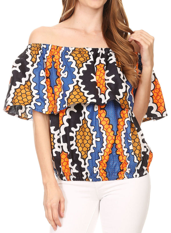 Sakkas Amai Off-shoulder Ruffle Ankara Wax African Dutch Casual Blouse Top#color_BlackBlue/tile