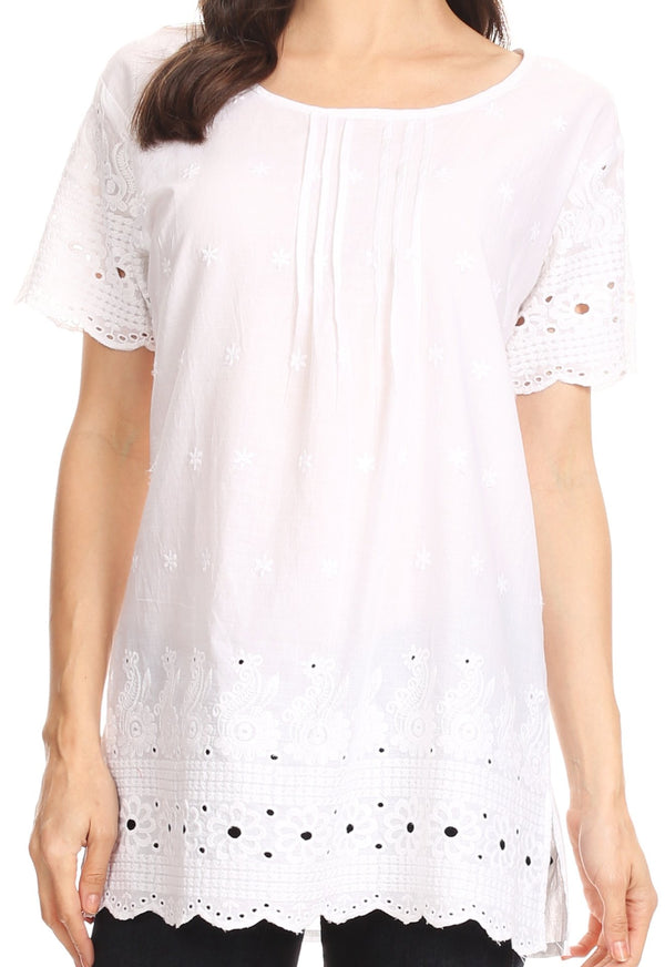 Sakkas Cleo Scalloped Short Sleeve Pintucked Eyelet Blouse#color_White