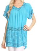 Sakkas Valeria V-neck Crinkle Short Sleeve Top Blouse with Print#color_Turquoise