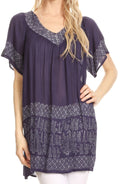 Sakkas Valeria V-neck Crinkle Short Sleeve Top Blouse with Print#color_Navy