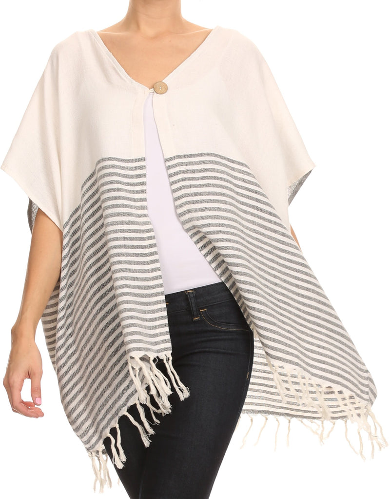 Sakkas Lisk Wide Mid Length Square Knit Fringe Open Button Up Shrug Cover Wrap