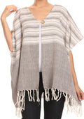 Sakkas Lisk Wide Mid Length Square Knit Fringe Open Button Up Shrug Cover Wrap#color_Brown