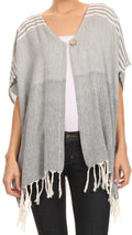 Sakkas Lisk Wide Mid Length Square Knit Fringe Open Button Up Shrug Cover Wrap#color_Navy