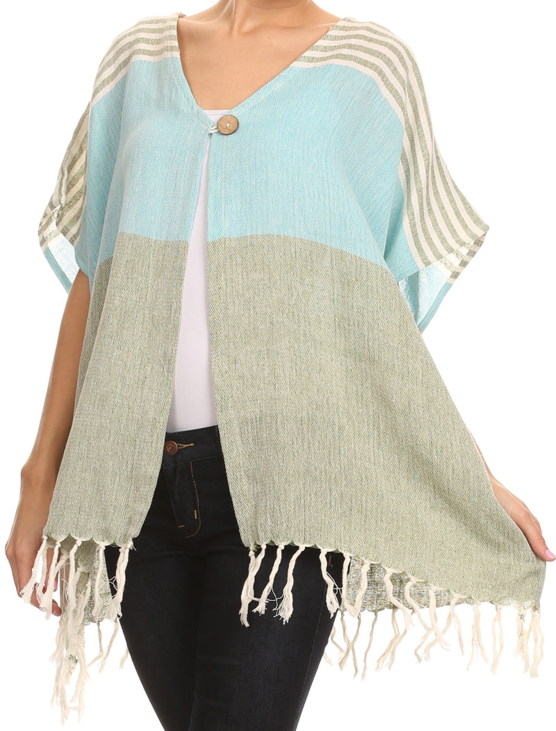 Sakkas Lisk Wide Mid Length Square Knit Fringe Open Button Up Shrug Cover Wrap