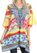 Sakkas Journie Short Printed Wide Sleeve Plunging V-Neck Lace-Up Kaftan Tunic Top#color_17009-Green/Yellow