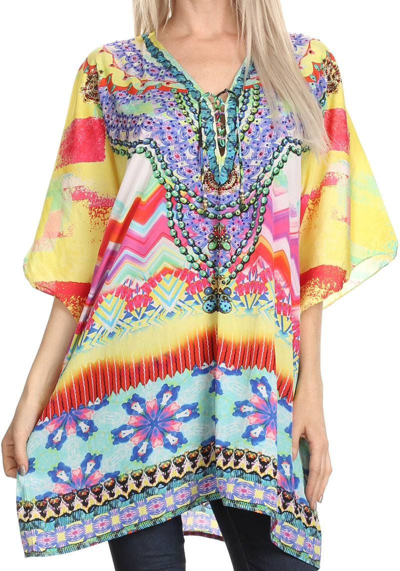 Sakkas Journie Short Printed Wide Sleeve Plunging V-Neck Lace-Up Kaftan Tunic Top