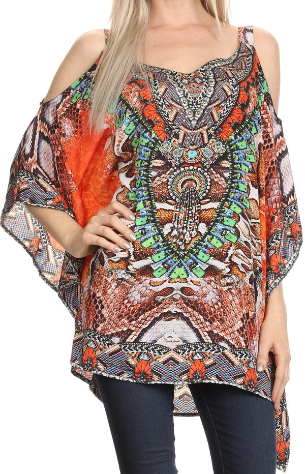 Sakkas Anya Printed Draped Short Sleeve Strap Cutout Shoulder V-Neck Kaftan Top #color_17028-Green/Orange