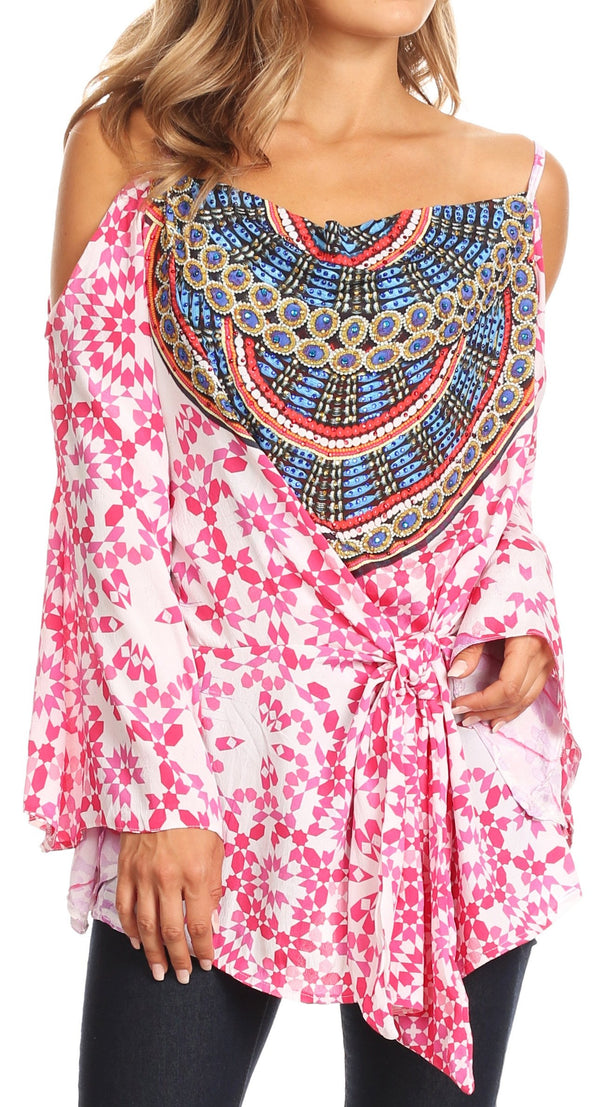 Sakkas Bosede Off Shoulder Bell Sleeve Casual Top Blouse w/Print and Rhimestones#color_17214-Pinksnowflake