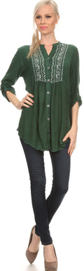 Sakkas Lizbeth V-neck Button Front Adjustable Long Sleeve Embroidered Blouse Top#color_Green